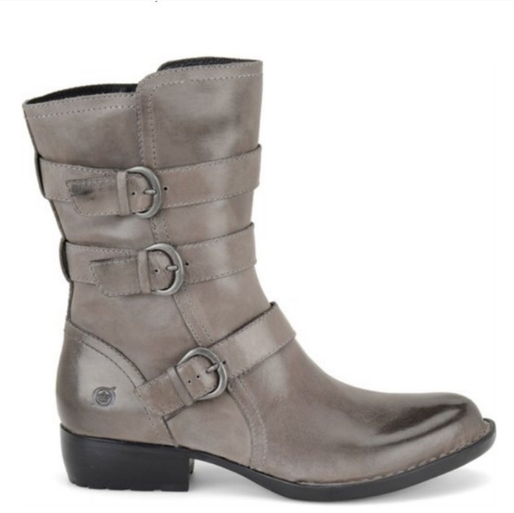 Born Mariette‎ Gray Leather Buckle Strappy Moto Punk Grunge Boho Mid Calf Boots